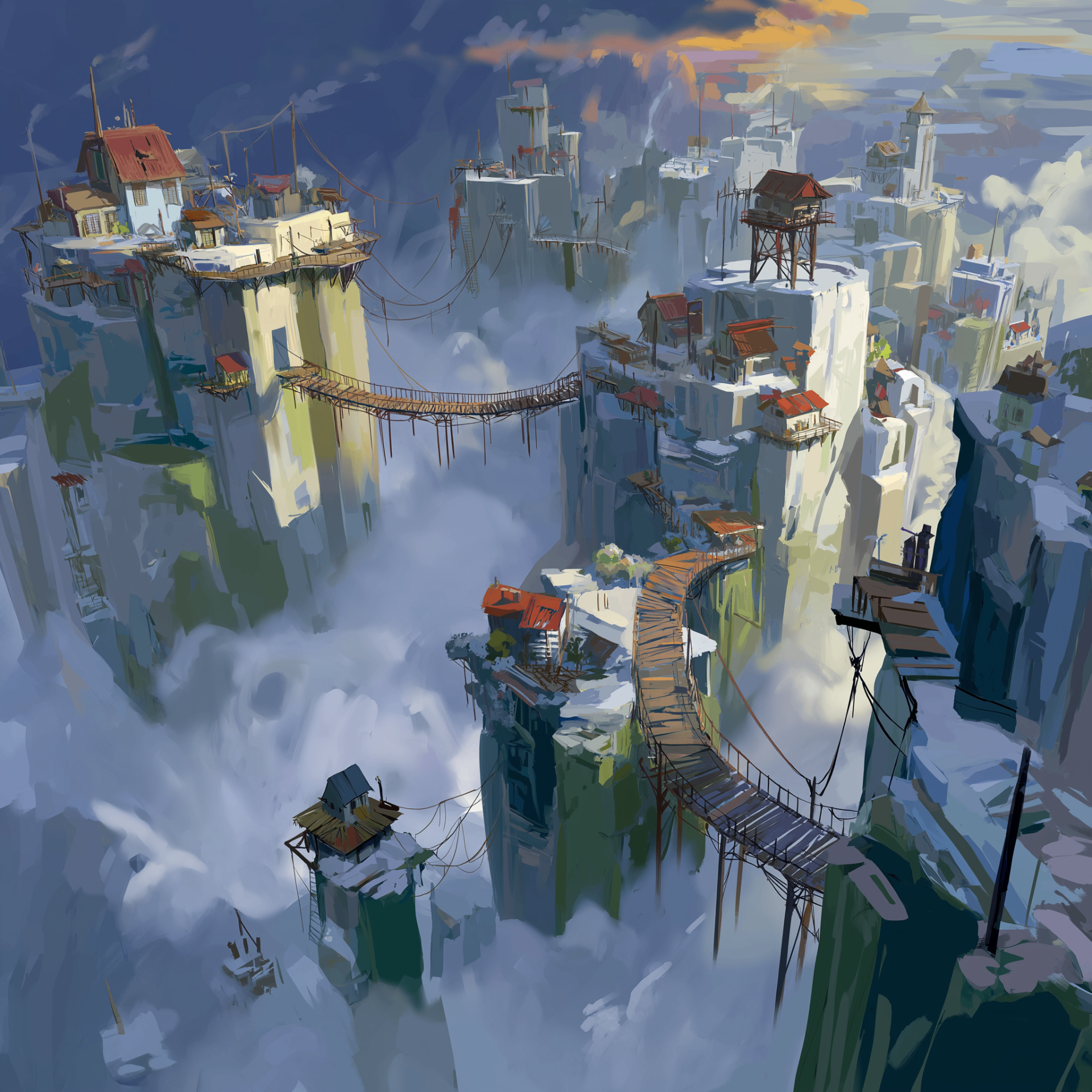 White cliff city with suspended bridges above the clouds