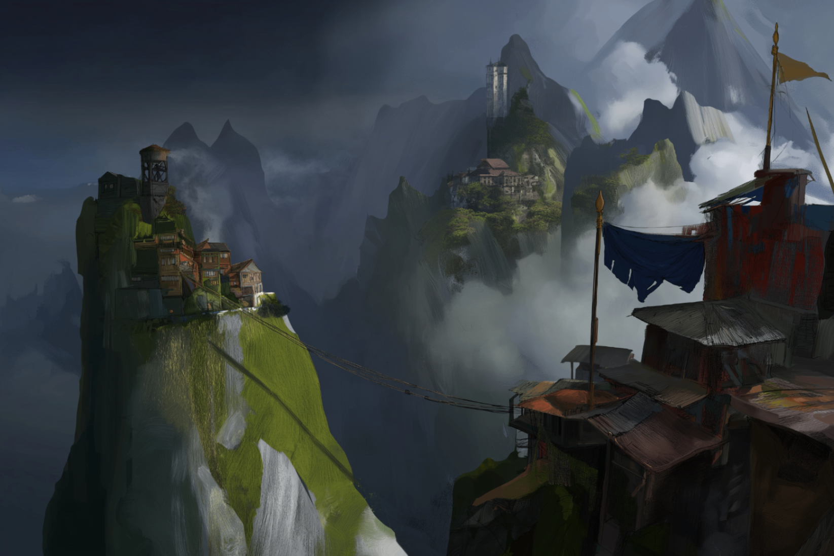 Narrow green ridge settlement between towering cliffs