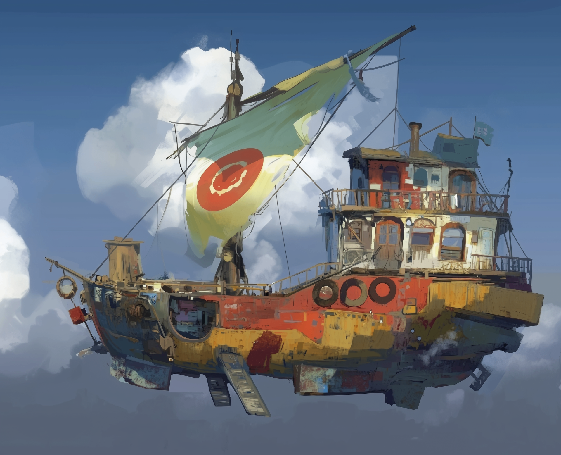 Painted flying ship with a pale sail and red insignia