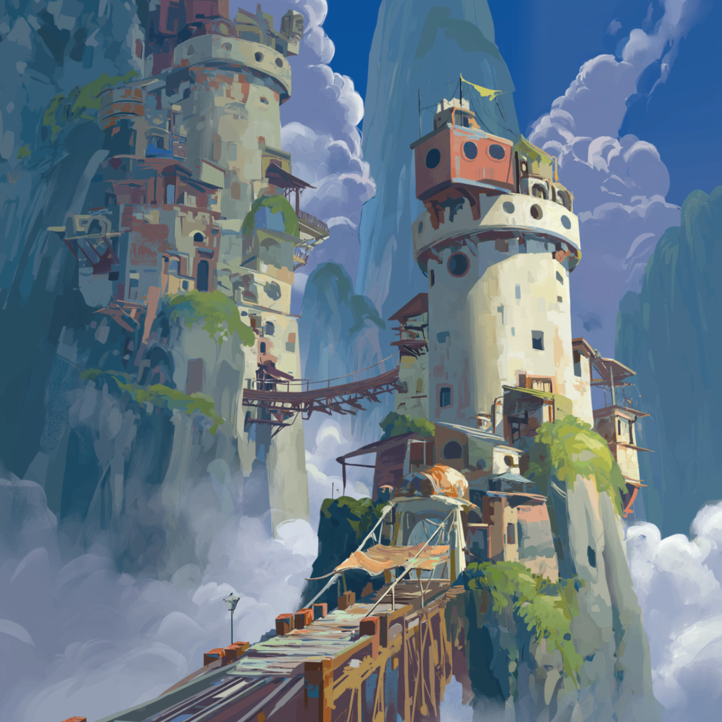 Tall pastel towers linked by bridges above bright clouds