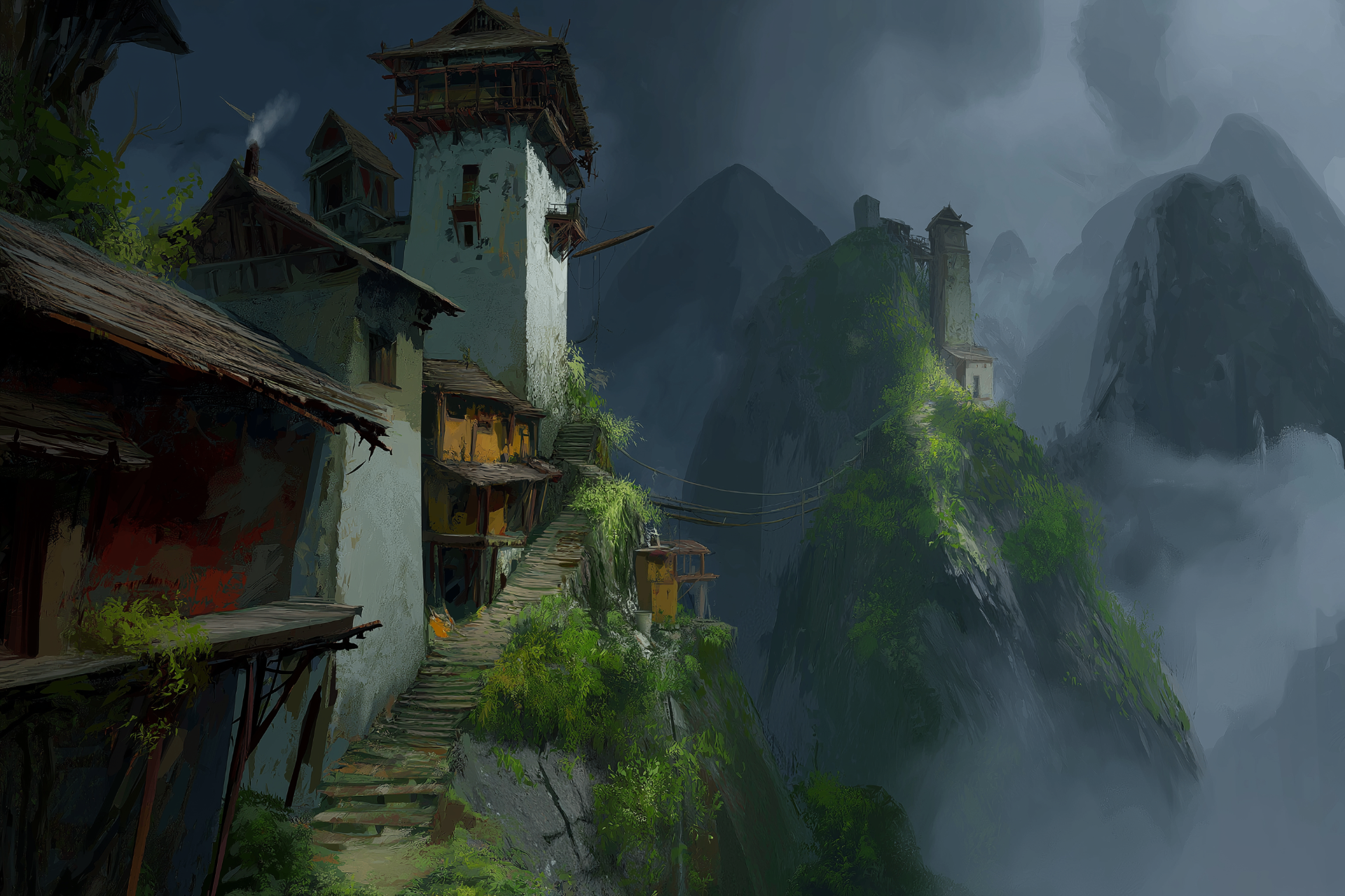 Mountain pass with steep stairways and hidden homes in mist
