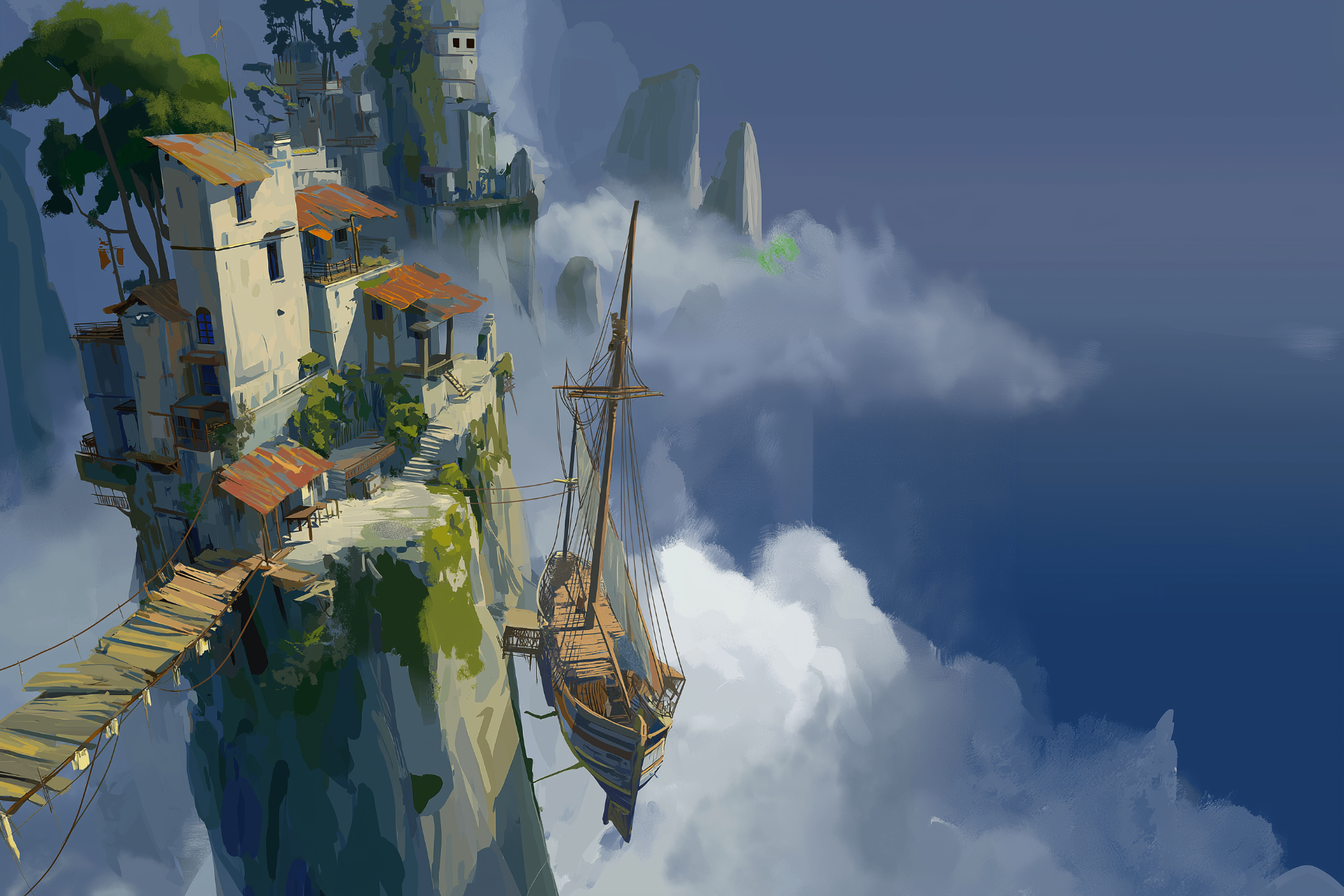 Harbor ledge with a moored ship at the edge of a cloud sea