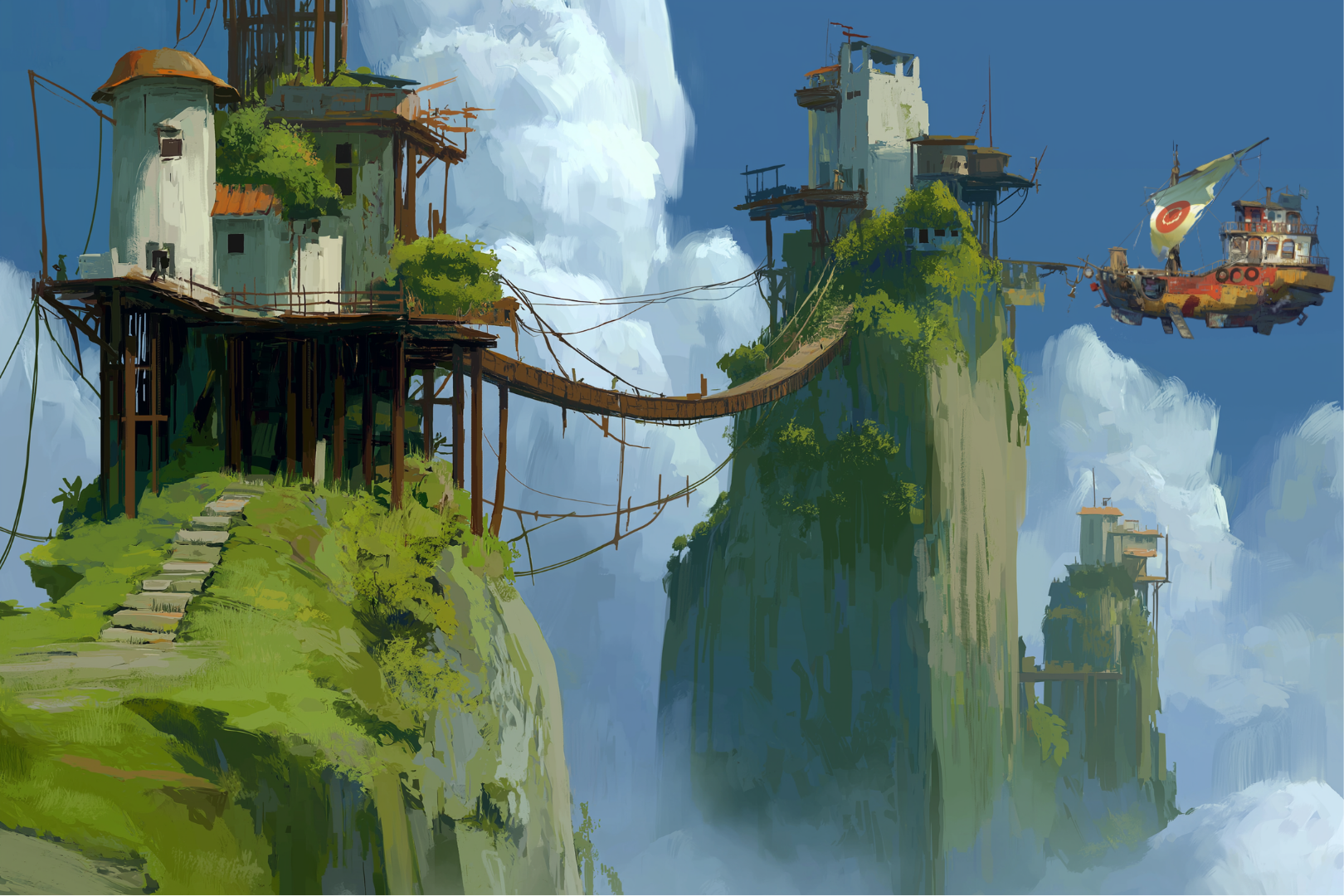 Aurora bridge between green cliff towers with a ship in the clouds